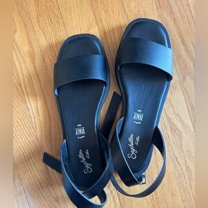 Seychelles Black Leather Slide Sandals with Ankle Strap 9.5